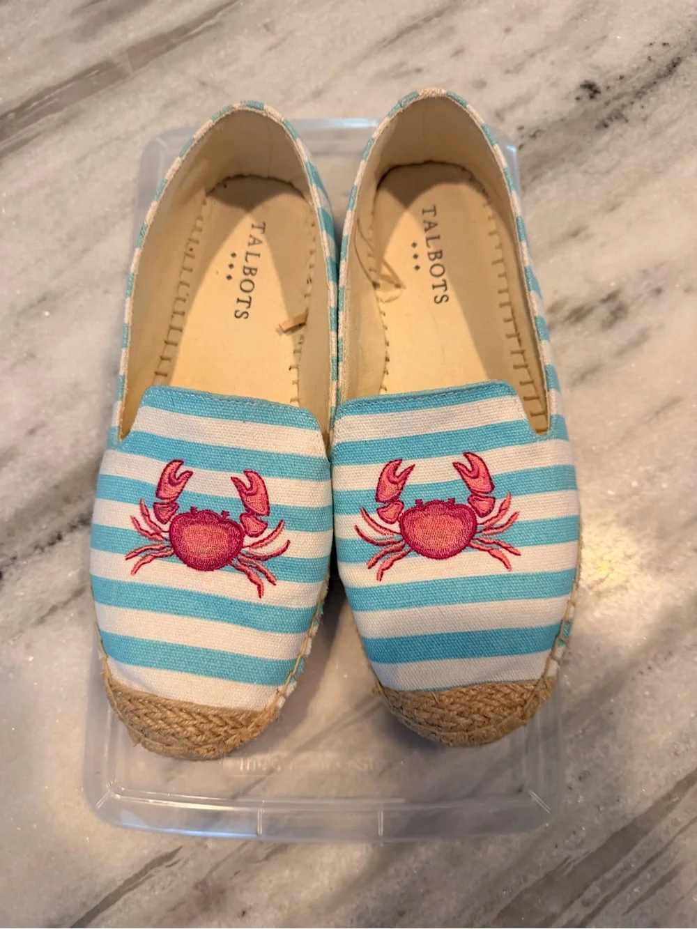 Talbots Aqua & White Striped Espadrilles with Pink Crab Embroidery